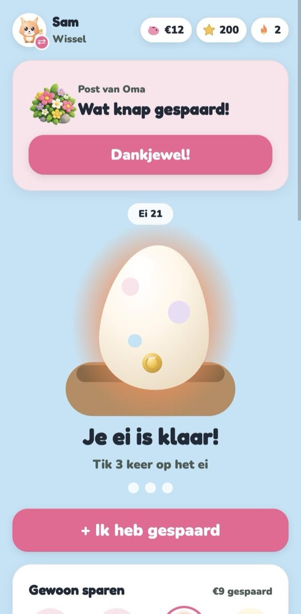 Muntmaatje: het ei van Sam is klaar om uit te komen, met een aanmoediging van oma